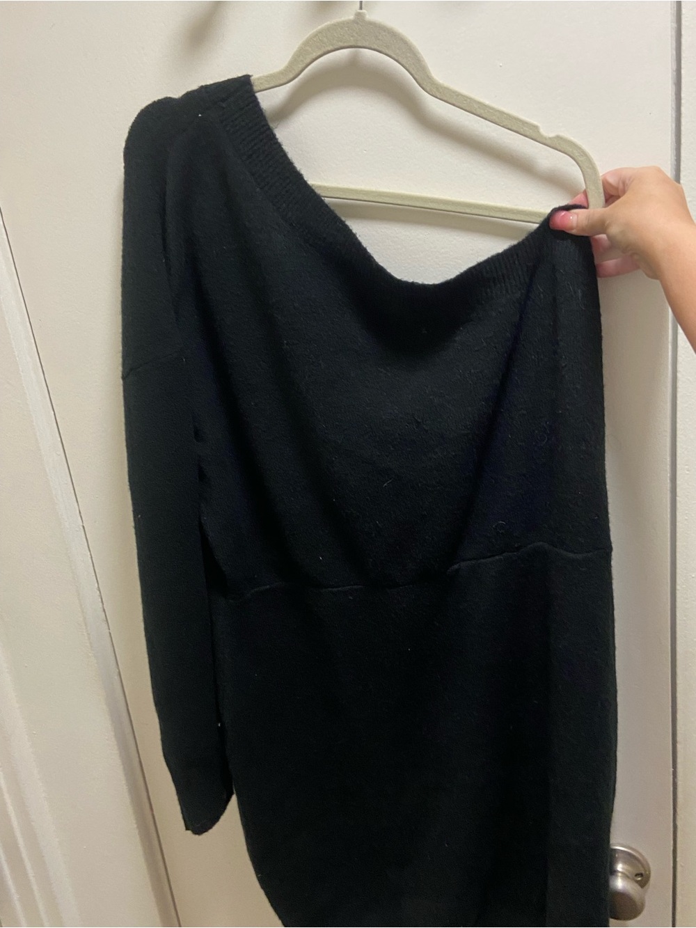 Women’s black fuzzy asymmetrical Sweater Dress - Picture 3 of 6